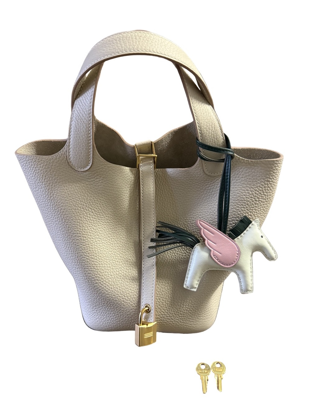 Hermes Picotin 18 in Craie Clemence Leather Bag GHW with FREE Pink Horse Charm